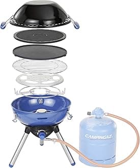 CampingazParty Grill 400, All-in-One Portable Camping BBQ, with Grid, Griddle and Plancha, Lid Doubles as a Wok, 2000 W, Blue
