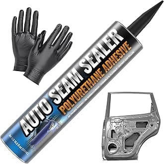 Professional Automotive Seam Sealer, Paintable Quick-Set Polyurethane Auto Body Seam Sealer for Metal Surfaces of Cars, Trucks, Etc, Includes Gloves & Tip - White RV Roof Sealant