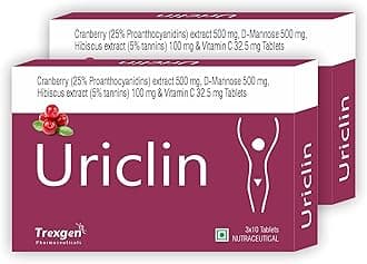 Trexgen URICLIN UTI Support Cranberry 25% Proanthocyanidine 500 mg, D-Mannose 500 mg, Hibiscus 100 mg & Vitamin C (30 Tablets) (Pack of 2)