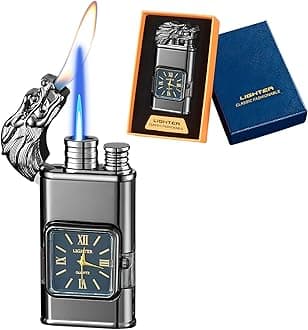 Torch Lighter, Magic Dual Flame Dragon Lighter with Portable Size, Windproof Lighter with Visible Fuel Tank, Adjustable Flame Refillable Butane Lighter for Men Friends Gifts (Without Butane)- Black-d