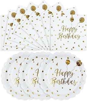 50PCS Happy Birthday Paper Plates and Napkins - 7 Inch Birthday Cake Plates Scalloped White and Gold Dessert Plates and 6.5 Inch Napkins Disposable Tableware Set, Serves 25