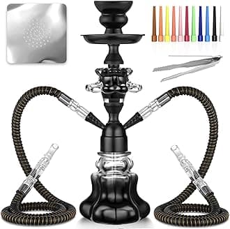 Hookah Set With Everything 14'' Shisha Hookah Complete Set - Glass Flower Vase, Ledther Hose, Foils, HookahTips, Ceramic Bowl, Coal Tong (Black)