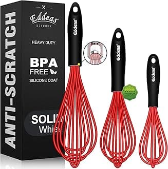 Silicone Whisk, 500°F Heat Resistant Whisks For Cooking, Non-Scratch Coated Whisks set of 3 7",9"&11inch, Balloon Kitchen Wisk tool Set, for Wisking, Blending, Beating, Stirring, Red