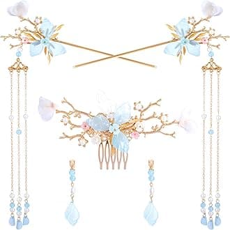 5pcs Flower Tassels Hairpin for Women, Non-Slip Crystal Pearl Greenstick Hair Clips, Retro Chinese Hanfu Wedding Brides Hair Accessories for Long Hair