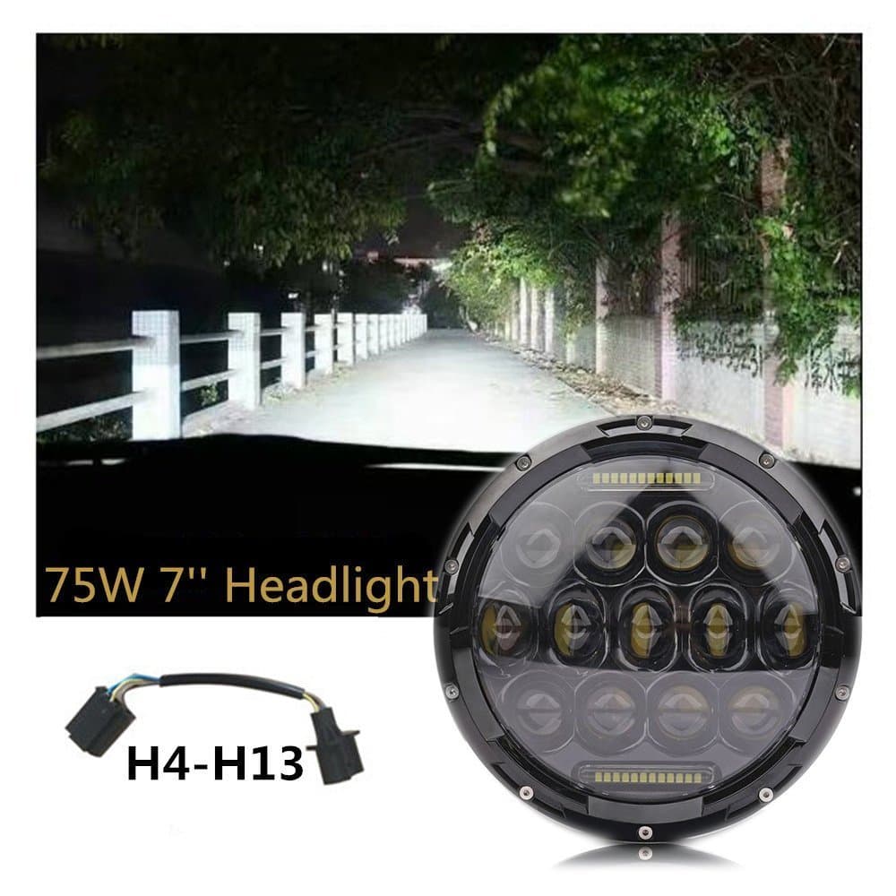 7" Inch LED Projector Headlights Round Led Headlight Daytime Running Light with DRL High Low Beam for Wrangler JK TJ LJ Motorcycle with H4 H13 Adapter,1pcs