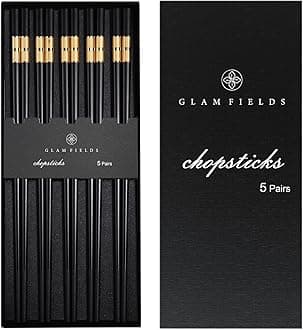 GLAMFIELDS 5 Pairs Premium Chopsticks Reusable Dishwasher Safe 9.5 Inch Fiberglass Chop Sticks Gift Set Non Slip Black+Gold