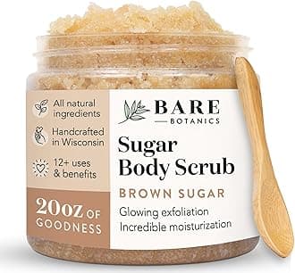 Bare Botanics Brown Sugar Body Scrub 20 oz - Naturally Scented Coconut Vanilla Sugar Scrub Made in Madison, WI - Formulated w/Skin Loving Moisturizers - Vegan, Cruelty Free w/a Cute Wooden Spoon