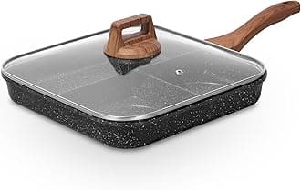 11 Inch Nonstick Divided Grill Pan with Lid for Indoor Cooking, Versatile 3-In-1 Induction Large Breakfast Pan for Stove Tops, PTFE & PFOA Free, Black