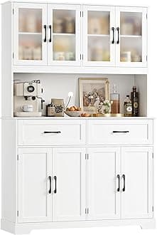 Pantry Storage Cabinet with Microwave Stand, 71" Tall Kitchen Hutch, Large White Pantry Cabinet with Glass Doors for Dining Room