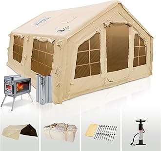Coody Inflatable Canvas Camping Tents with Stove Jack – Premium Air Beam Family Glamping Tent, Breathable Cotton Canvas, Fast Setup Air Tent with Pump