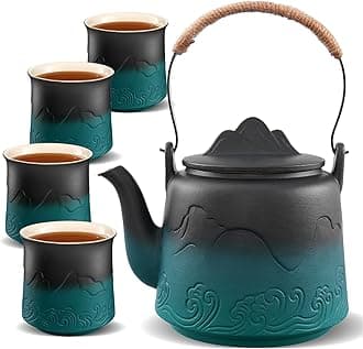 ZENS Vintage Japanese Ceramic Teapot Set, Gradient Embossed Loose Leaf Teapot with Hemp Rope Handle, 33.8 oz Japanese Tea Set with 4 Cups for Gifts, Black & Green