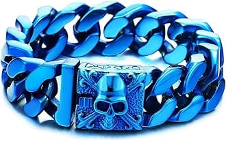 COOLSTEELANDBEYOND Mens Large Vintage Brushed Finishing Steel Curb Chain Bracelet with Fleur De Lis and Skull