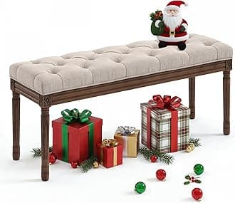 LUE BONA 44" Bedroom Bench, Fabric End of Bed Bench, Upholstered French Tufted Ottoman Bench with Carved Dark Brown Wood Legs for Bedroom End of Bed, Living Room, Linen