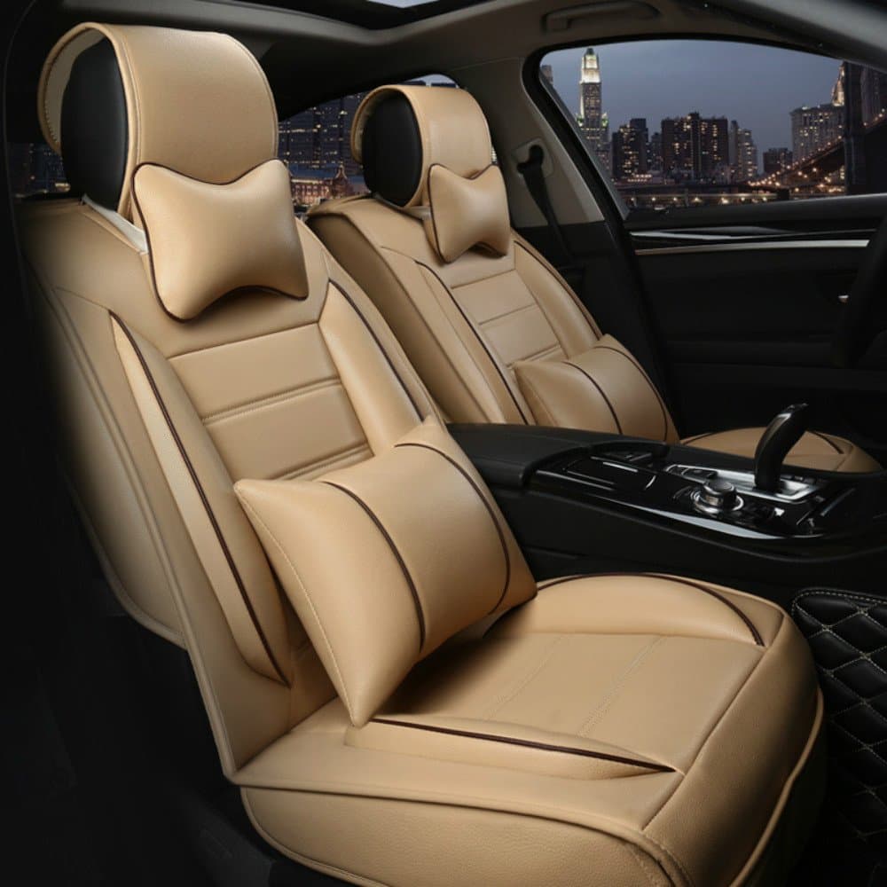Beige Full Set Universal Fit 5 Seats Car Surrounded Solid Color Waterproof Leather Car Seat Covers Protector Adjustable Removable Auto Seat Cushions with 2 Waist Pillows 2 Headrest Pillows