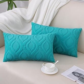 decorUhome Throw Pillow Covers 12x20 Inch Set of 2, Soft Plush Faux Wool Turquoise Solid Couch Pillow Covers, Accent Farmhouse Neutral Square Pillow Cases for Sofa Bed Living Room Home Decor