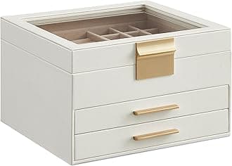 SONGMICS GISELLA Collection - Jewelry Box Organizer, 3-Layer Jewelry Storage with 2 Drawers, Shiny Metal Hardware, Glass Lid, Modern, 8 x 9.1 x 5.3 Inches, Cloud White and Gold Color UJBC239WT