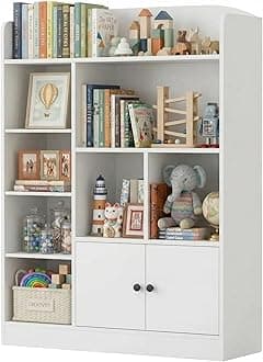 White Kids Bookshelf, Kids Bookcase with 7 Cubbies and 2 Cabinets, Freestanding Book Storage Shelves for Bedroom, Playroom, Hallway, 35.4" W x 48" H