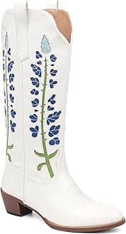 Cowboy Boots For Women, Cute Bluebonnet White Cowgirl Boots Floral Embroidered Knee High Country Boots Pointed Toe Chunky Heel Wide Calf Mid Calf Cowboy Boots