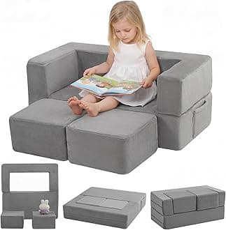 MeMoreCool Kids Play Couch Sofa – Grey Modular Convertible Foam Couch Soft Fold-Out Toddler Seating for Creative Play, Reading, Resting & Playroom Fun