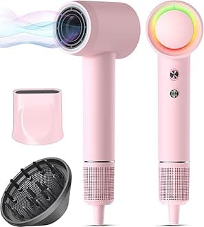 Hair Dryer, 160000 RPM Professional High-Speed Blow Dryer 500 Millions Negative Ionic Care Hair Dryer for Fast Drying, Low Noise Thermo-Control Hairdryer, Travel with Magnetic Diffuser & Nozzle, Pink