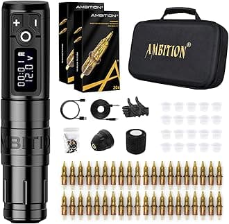 Tattoo Kit - Ambition Complete Wireless Tattoo Machine Kit 1950mAh Digital LED Display Power Supply with 40pcs Tattoo Cartridges Needles Ink Cup Gloves Bandage for Professional Tattoo Artists
