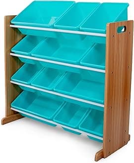 Humble Crew Kids Toy Storage Organizer with 12 Plastic Bins, Natural Wood/Aqua – Removable Bins for Playroom, Bedroom, Toddler Furniture for Boys and Girls Ages