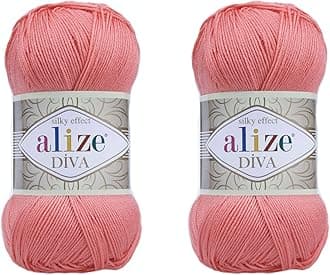 Diva Yarn - 100% Microfiber Acrylic, Silk Effect, Crochet & Lace Craft, Coral, 2 Skeins, 200gr, 767 yds