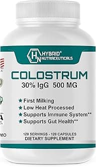 Hybrid Nutraceuticals Bovine Colostrum Supplement - Muscle Building - Immune Support - Powerful Digestion - Lactoferrin Supplement (120 Colostrum Capsules - 500mg - 30% IgG)