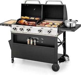 MFSTUDIO 5 Burner Gas Grill Griddle Combo with Porcelain-Enameled Cast Iron Grates,Cutting Board and Double Lids, Duel-Function Propane BBQ Grills with Flat Top Grddle for Outdoor Barbecue Cooking