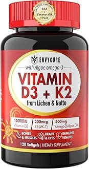 EnvyCure Vitamin D3 + K2 - Vitamin K2 MK7 100mcg & Vitamin D3 10000 IU Softgels - 120 Counts - Non-GMO, Vegetarian - Cardiovascular, Heart, Immune, Bone, Teeth, Joint Support Supplement