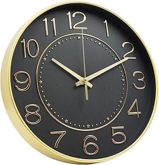 12inch Wall Clocks Battery Operated,Quartz Movement,Silent Non Ticking Modern Wall Clock for Living Room Bedroom Kitchen Office School Classroom Decor Black Gold