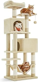 Feandrea Cat Tree, 59.5-Inch Tall Cat Tower, Plush Multi-Level Condo with 5 Scratching Posts, 2 Perches, 2 Caves, Hammock, 2 Pompoms, Beige UPCT192M01