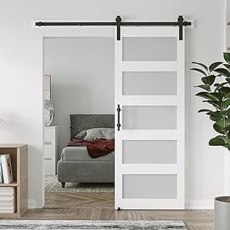 32in x 96in Glass Barn Door with 6ft Barn Door Hardware Kit & Handle, Pre-Drilled Holes Easy Assembly -Solid Barn Door Slab Covered with Water-Proof PVC Surface, White, 5 Panel