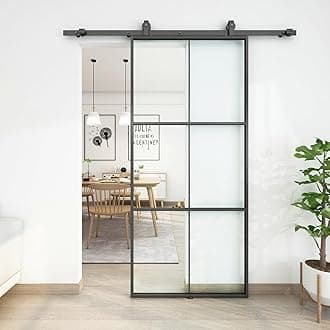 JUBEST 36in x 80in Glass Sliding Barn Door, 3-Panel Black Aluminum Frame and Clear Tempered Glass Modern French Door, Easy to Install (No Sliding Hardware Kit)
