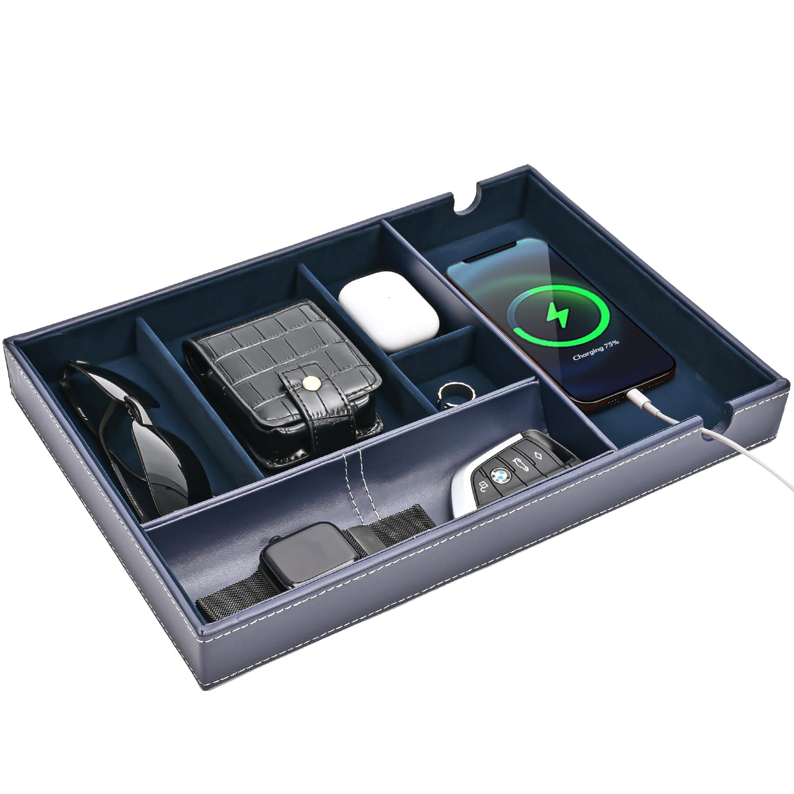 ProCase 1 Layer Valet Tray for Men, PU Leather Nightstand Organizer with Charging Slot for Bedside Table Desk Top, Standard -Darkblue