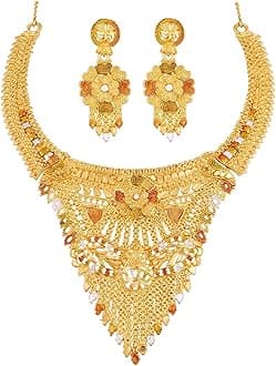 Semi Bridal Wedding Gold Plated One Gram Meenkari Traditional Stylish Necklace Earring Jewellery Set for Women By Indian Collectible, No Gemstone