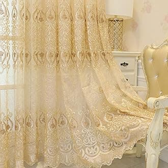 Amidoudou 1 Pair European Jacquard Sheer Curtains Embroidered Tulle Curtains Living Room Bedroom Luxury Translucent Window Screening (Gold,51x108 Inch)