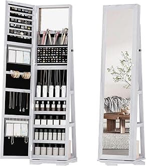 OUTDOOR DOIT 360° Rotating 66'' Jewelry Armoire with Lockable,Full Length Mirror Large Capacity Jewelry Organizer Armoire,Floor Standing Mirror with Back Storage Shelves for Bedroom, Cloakroom