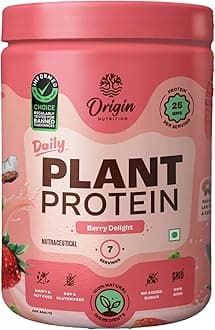 ORIGIN NUTRITION 100% Natural Vegan Plant Protein Powder,Ranked Best Vegan Protein,Easy To Digest Strawberry Flavour With 25G Plant Based Protein,Dairy Free,No Added Sugar,Non-Gmo,7 Servings,290G