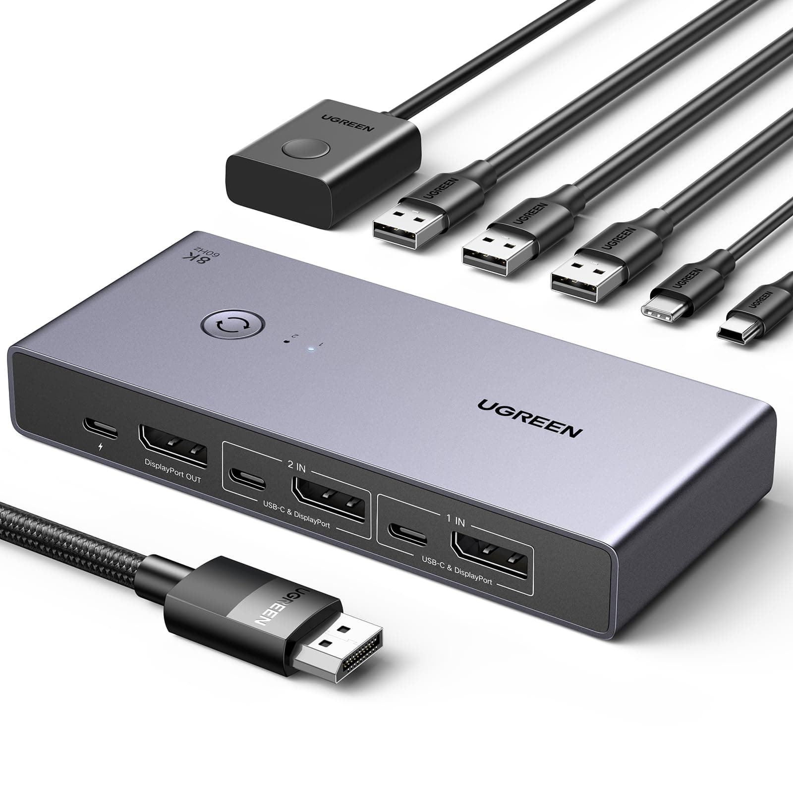 UGREEN 8K@60Hz Displayport KVM Switch 2 Input 1 Output DP1.4 USB 3.0 Ports x 4 (USB-A x 3 + USB-C x 1) Supports 8K@60Hz Compatible with 4K@240Hz Share Monitor/Keyboard/Mouse/USB C Hard Drive/Printer
