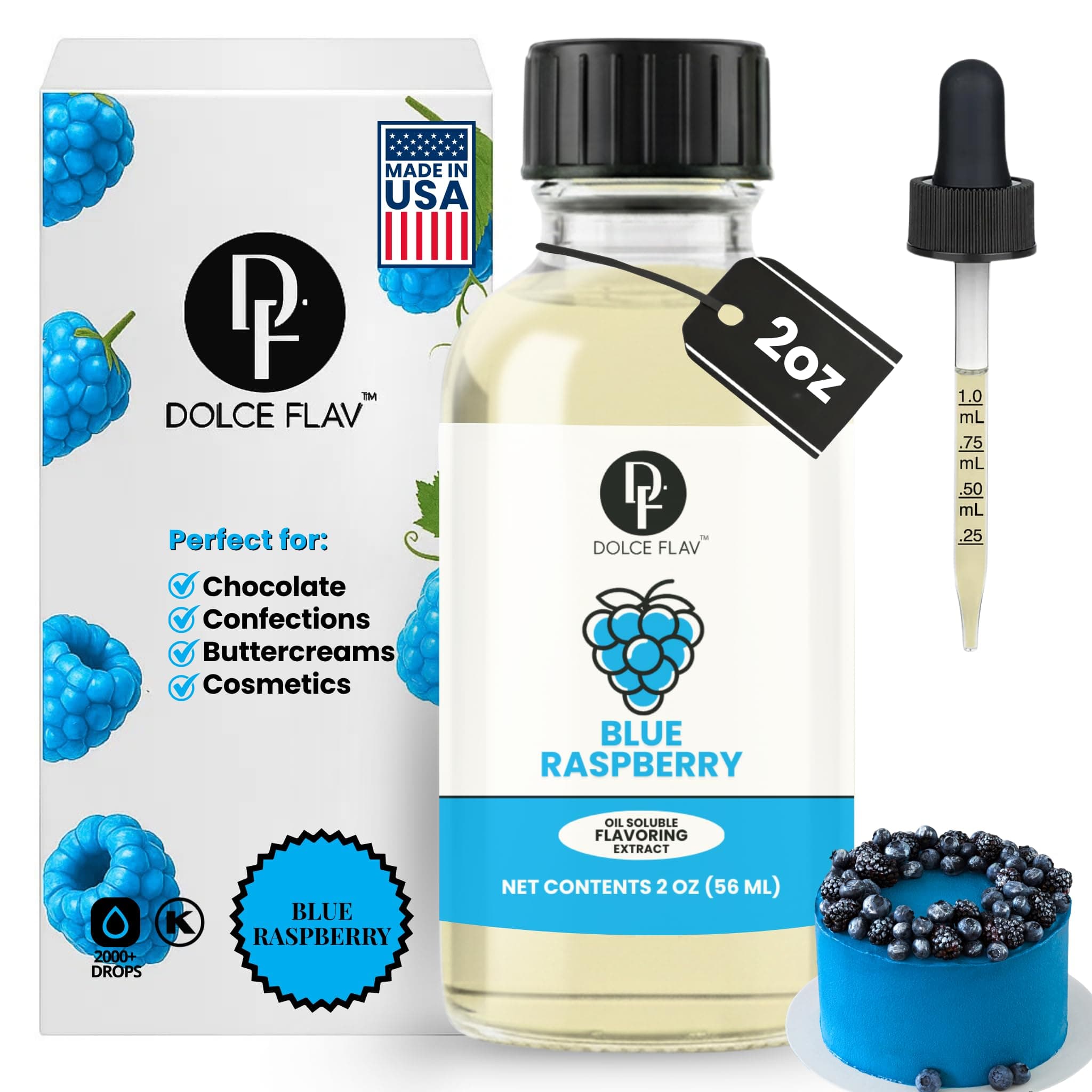 Blue Raspberry Extract – 2 Ounce Oil-Soluble Kosher, Sugar-Free, Concentrated Blue Raspberry Flavoring for Baking, Chocolates & Desserts, Includes Measured Dropper