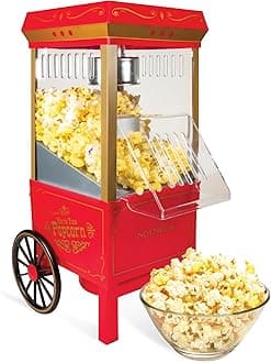 Vintage Hot-Air Popcorn Maker Machine - Makes Up to 12 Cups - Oil-Free - Healthier Popcorn - Classic Stand-Up Cart With Wheels - Includes Kernel Measuring Cup - Red
