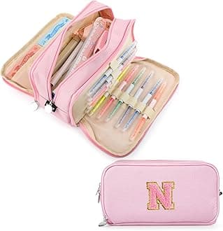 Extra Large Capacity Pencil Case 3 Compartment Initial Pencil Pouch Personalized Cute Aesthetic Stationery Pen Case Bag for School Teen Girl Boy Men Women Gift (N, Pink)