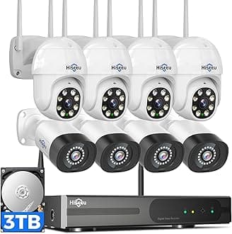 Hiseeu Wireless Security Camera System [Wifi Pro] 5MP PTZ & Bullet Bundle 8 Outdoor Cameras IP66 Waterproof Motion Alert Wide Angle with Surveillance NVR Kit
