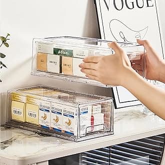 Sgoostood Pull Out Drawer Medicine Box for Safe Medication Storage, Large Refrigerator Storage Bin for Kitchen Food Safe, Tablet Box for Kids Home/Office Organize Ointments,2 Pack - Clear（ Medium）