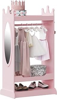 UTEX Kids Dress Up Storage With Mirror, Costume Closet, Open Hanging Armoire, Pretend Dresser (Pink)