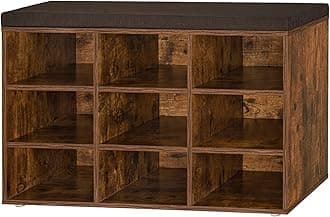 DINZI LVJ Shoe Storage Bench with Cushion, Cubby Rack with 9 Cubbies, Adjustable Shelves, Multifunctional Organizer Bench for Entryway, Mudroom, Hallway, Closet and Garage, Rustic Brown