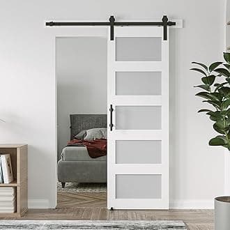 26in x 84in 5-Panel Sliding Glass Barn Door with 5ft Hardware Kit Included, Easy Assembly with Pre-Drilled Holes, Waterproof, Frosted Glass for Bathroom-Fit Max Opening 24in x 82in, White