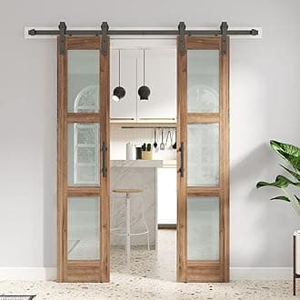 FREDBECK Double 18 x 84 inch Glass Barn Doors 36inch Barn Door with 6.6FT Hardware Kit & Handle Included,3-Panel Frosted Glass,LVL Wood Panel,Water-Proof PVC Surface,Pre-Drilled Holes,Need Assembly