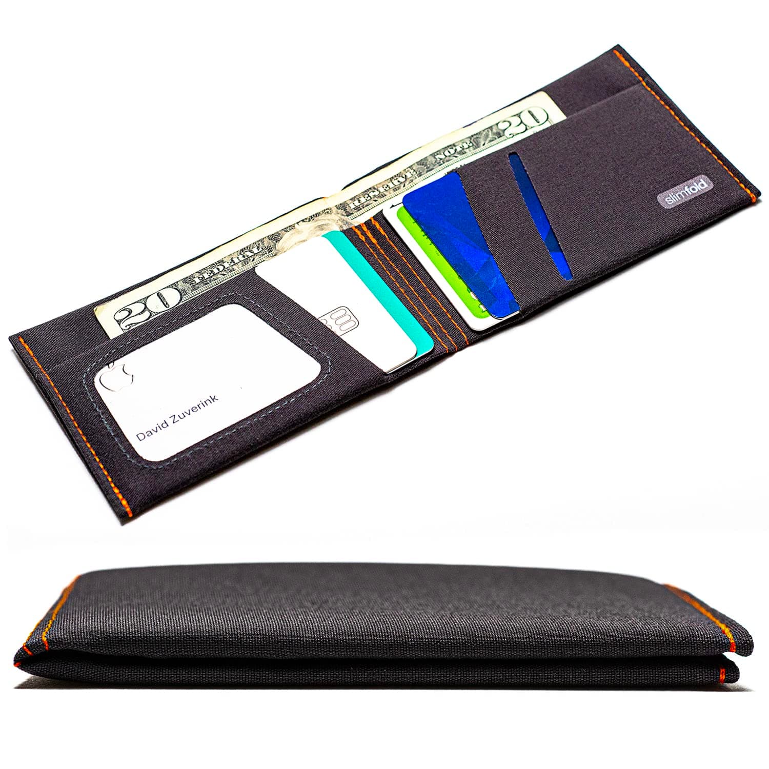 Slim Fold Men's Micro Soft Shell Wallet-RFID Closed: 2.8" L x 4" W Gray with Orange Stitching